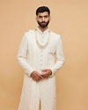 Warm White Grid Patterned Sherwani Set with Sequin Embellishments